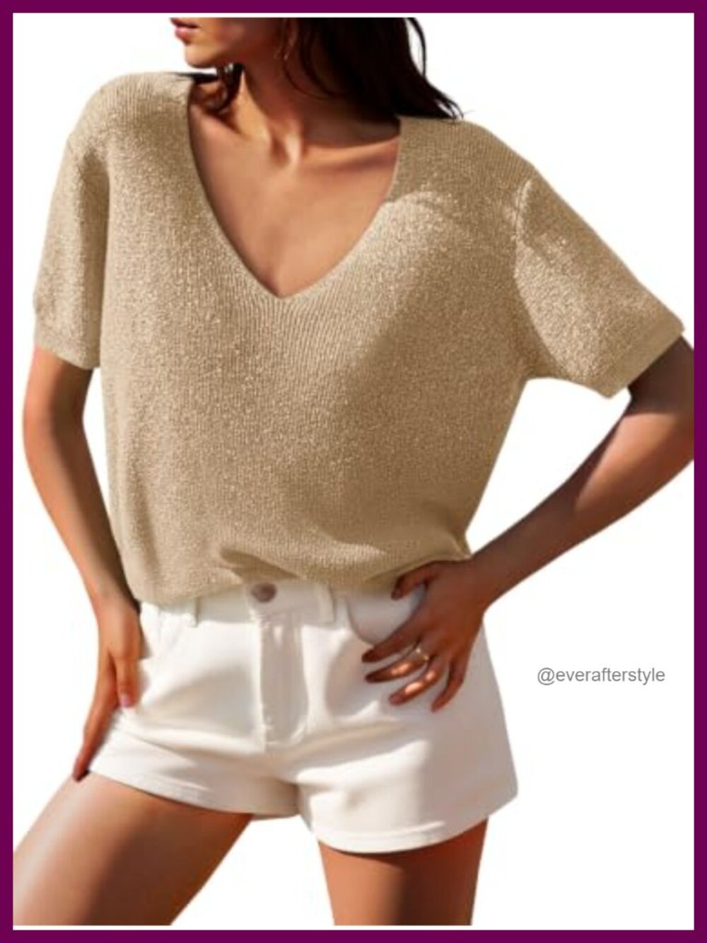Short Sleeve V-Neck Pullover Sweater Loose Knit Lightweight Summer Top